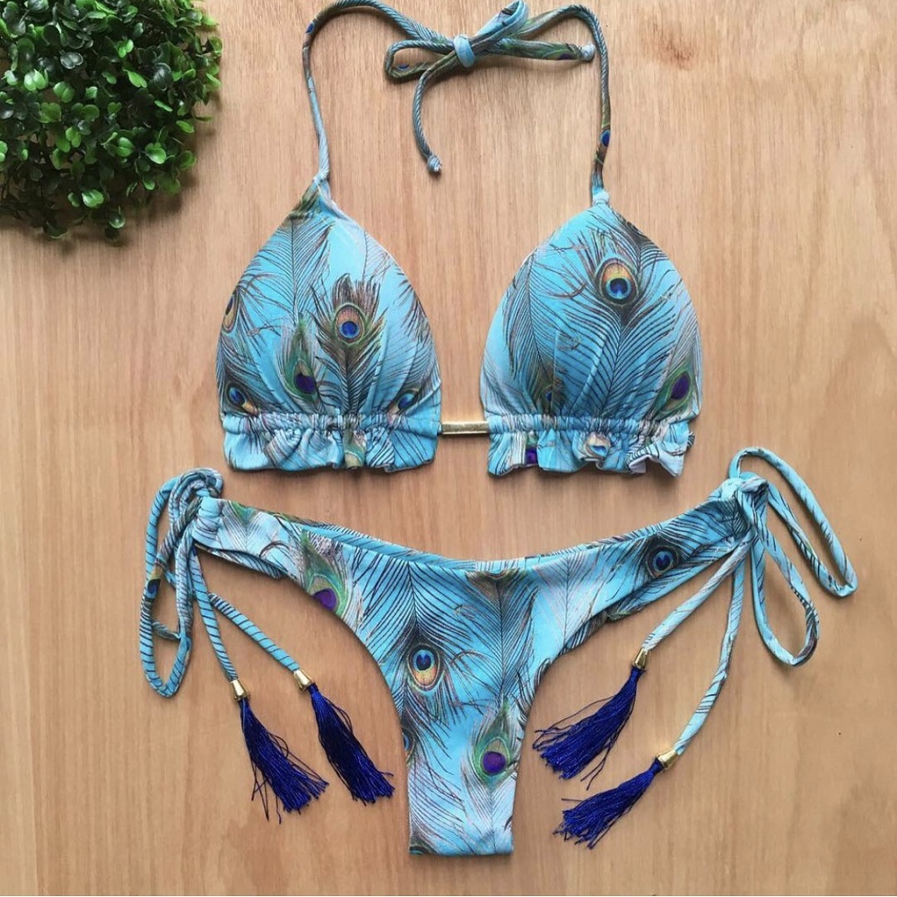 Brazilian Biquinis New Swimsuit Women Feather Print Bandage Swimwear