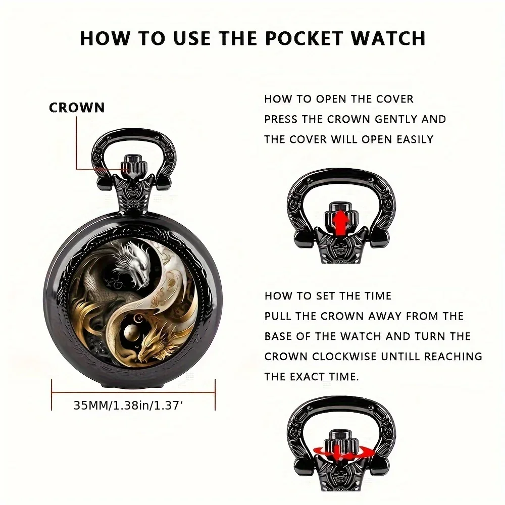 Retro Golden Silvery Double Dragon Quartz Pocket Watch, Stylish Design