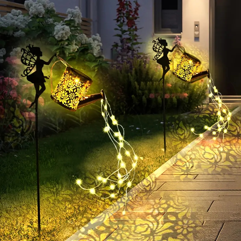 Solar Watering Can Lights Outdoor Waterfall Garden String Fairy Lights, Solar Kettle Projection Light