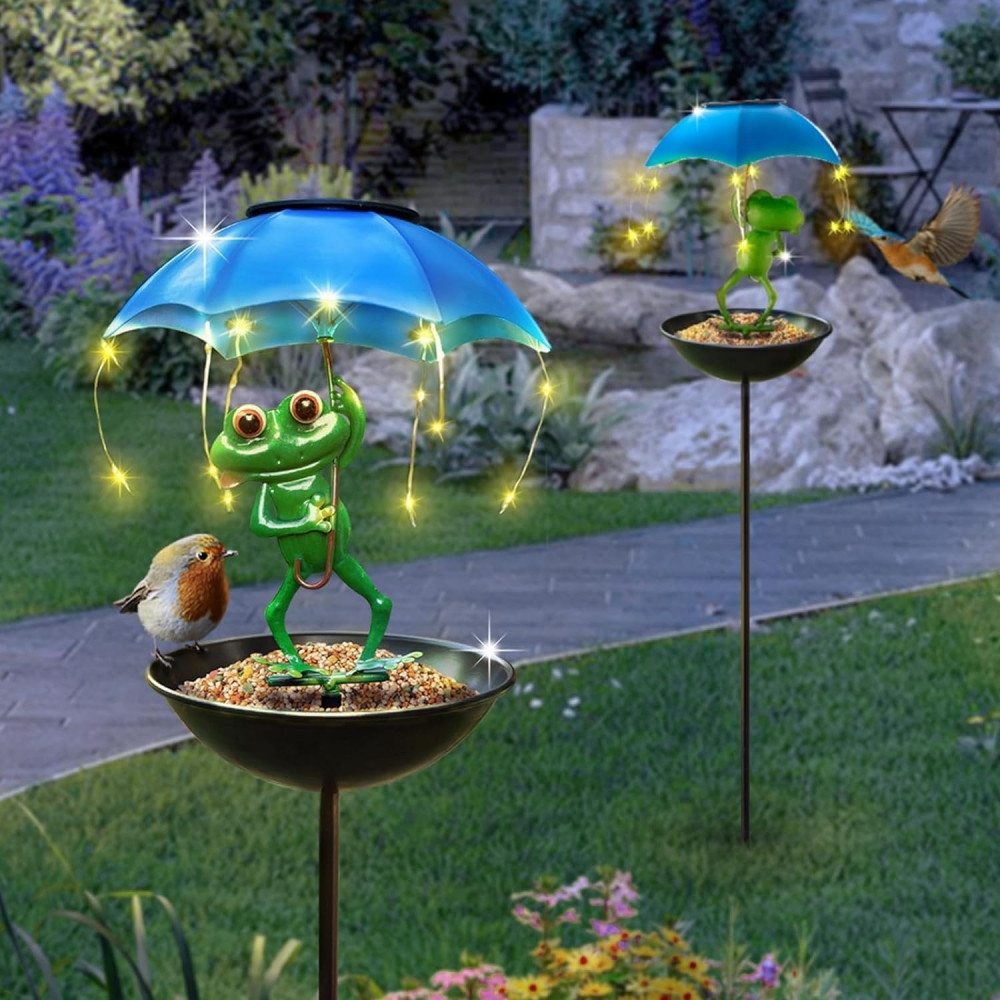 Solar Frog Lights for Garden Outdoor, Bird Feeder Figurine Decor, Metal Stakes Path Lawn Yard Decorations