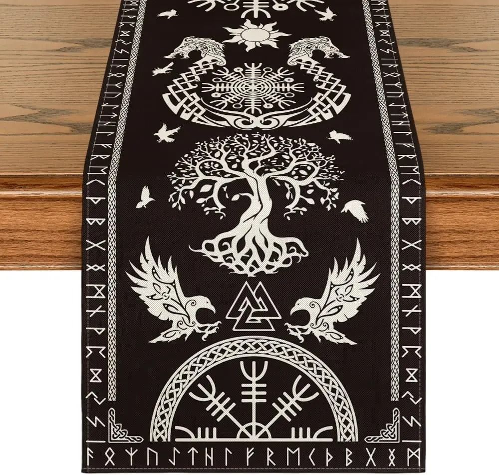 Viking Raven Helm of Awe Linen Table Runner Norse Dining Decor