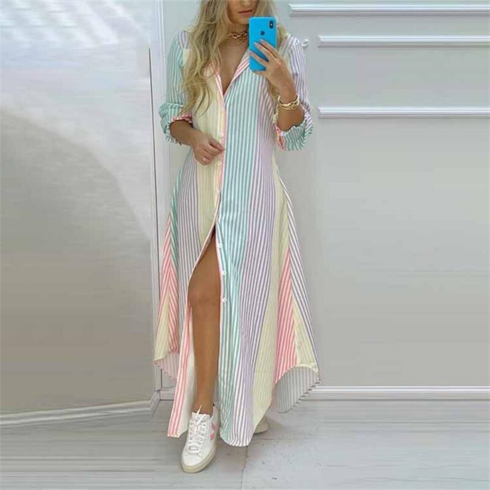 Summer Women Boho Printed Maxi Dresses Turn-down Collar Long Sleeve Casual Split Shirt Elegant Dress Evening Dresses