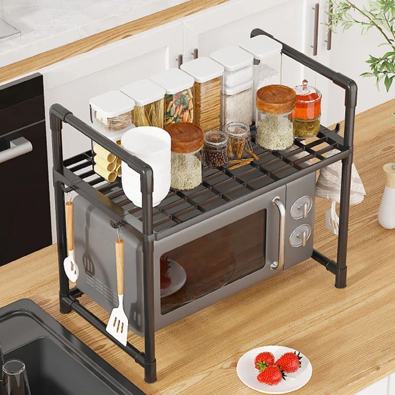 Adjustable Microwave Shelf Kitchen Counter Organizer Rack with Hooks