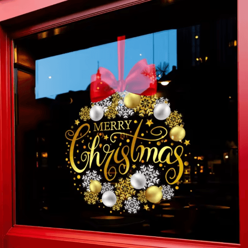 Christmas Wreath Window Sticker – Golden Snowflake & Red Bow Static Cling Glass Decal