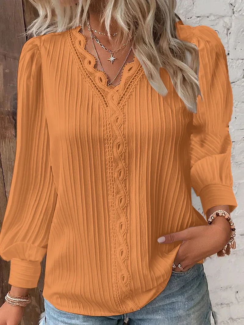 Elegant Summer Lace Patchwork V Neck Blouse