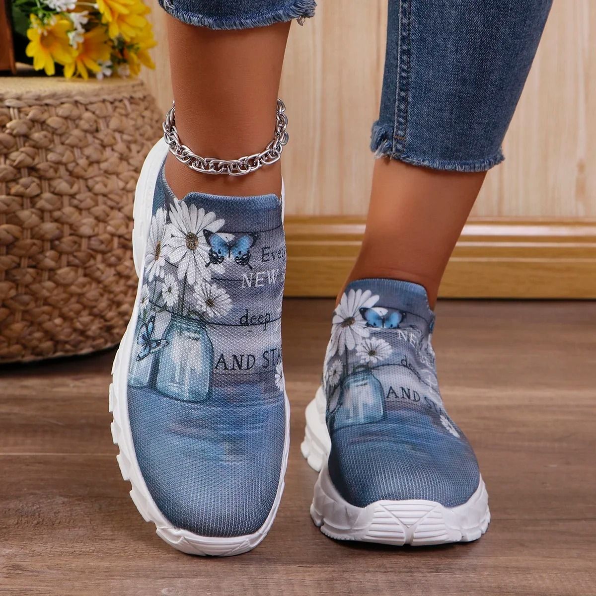 Letters Floral Print Platform Sneakers for Women Fashion Knitting Casual Sports Shoes