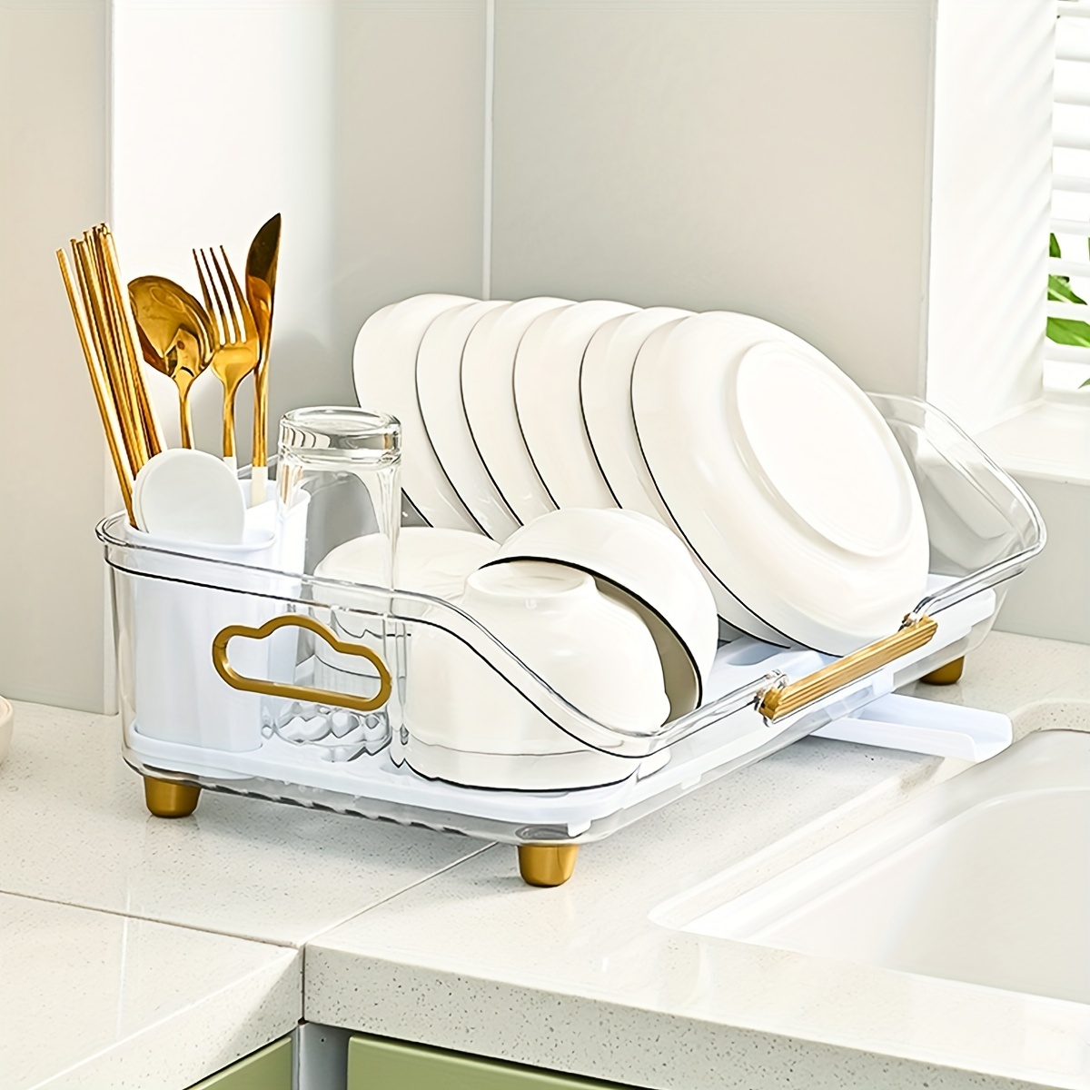 Utensil Holder with Handle for Draining Water, Kitchen Storage Rack, Utensil Storage Rack for Dishes and Bowls