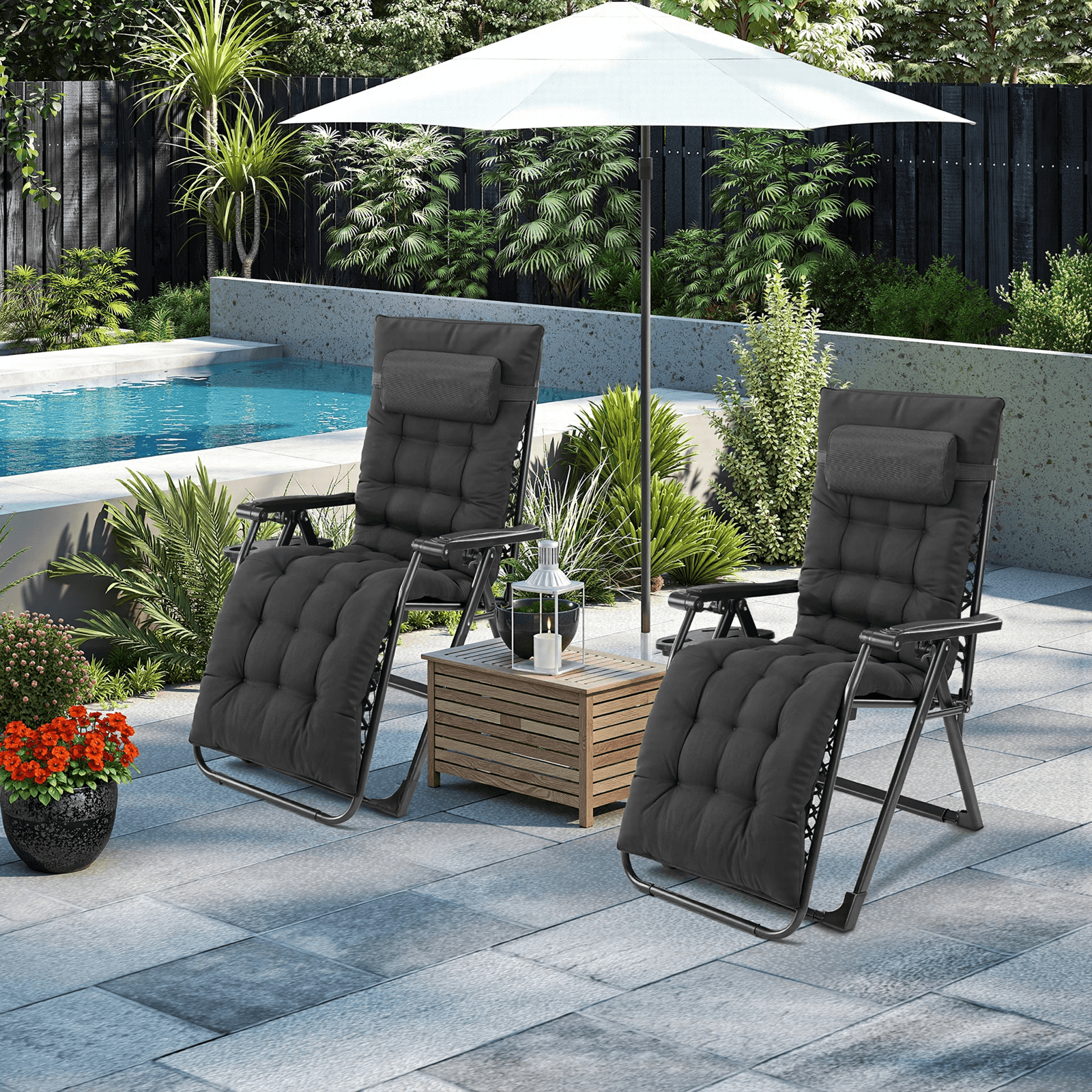Zero Gravity Lounge Chairs Set of 2 Portable Recliners with Cup Holder and Adjustable Pillow
