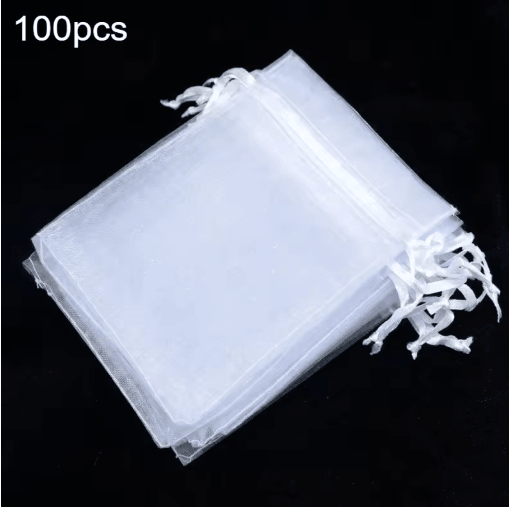 White Organza Drawstring Gift Bags (100-Pack) – Elegant Party & Jewelry Favor Pouches