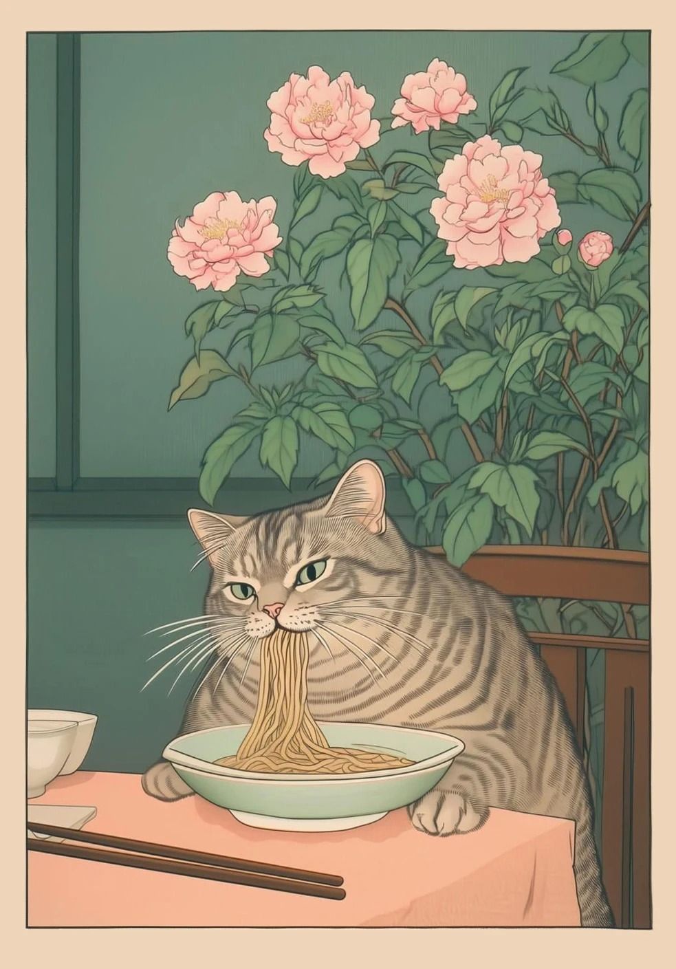 Japanese Tabby Cat in Bathtub | Retro Aesthetic Japandi Canvas Art