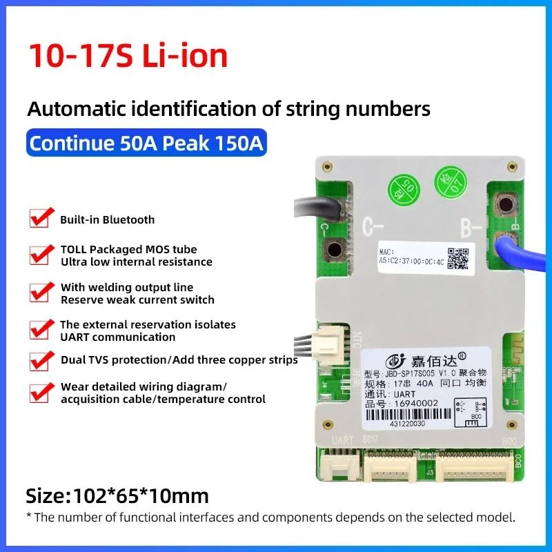 JBD Smart BMS with Built-In Bluetooth Lithium Battery Protection Board 10S–17S 24V–60V