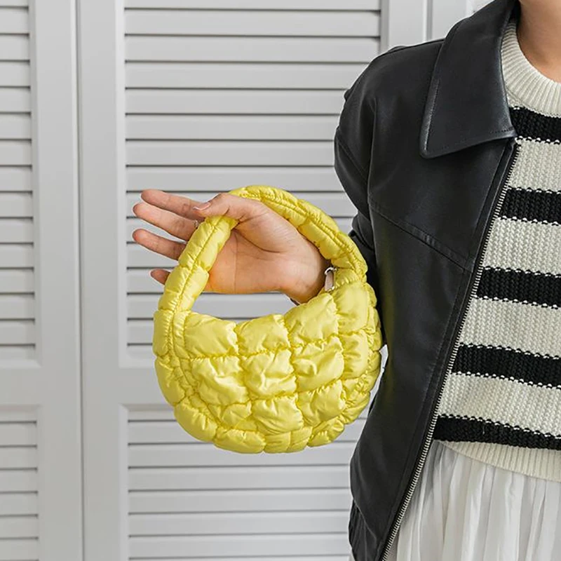Elegant Purple Soft Nylon Mini Puffer Tote Bag Quilted Circle Phone Purse Simple Trend Handbag