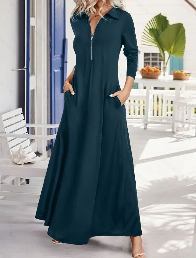 Elegant Long Sleeve Maxi Dress with Pockets – Spring-Autumn Slim Shirt Dress