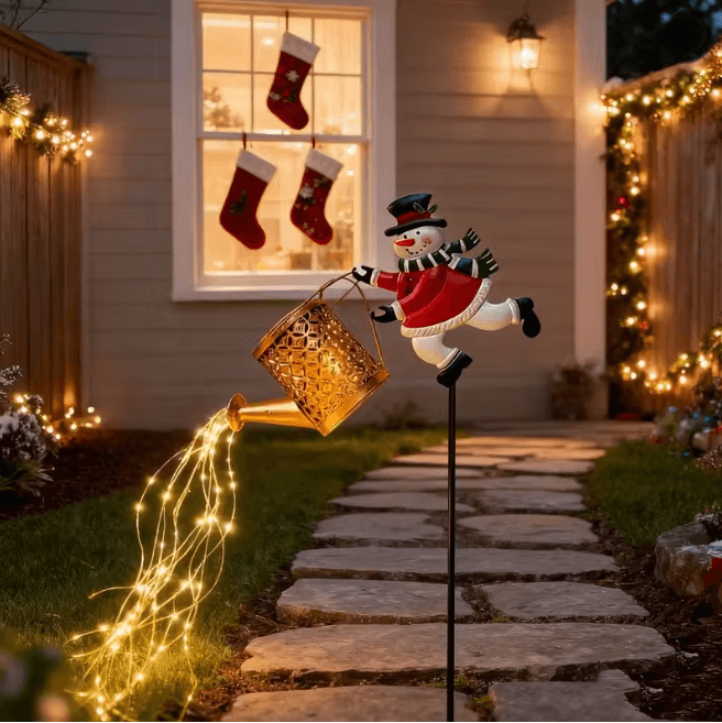 FrostGlow Solar Snowman Watering Can Garden Light