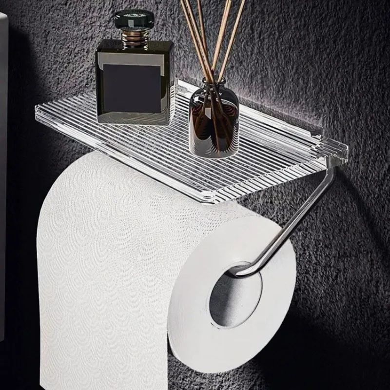 Gold Acrylic Toilet Paper Holder with Shelf – Punch-Free Wall Mounted Bathroom Organizer