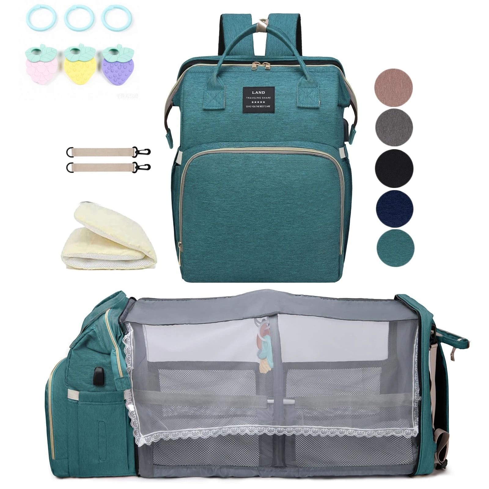 Lightweight Diaper Bag Backpack with Folding Crib Travel Bed