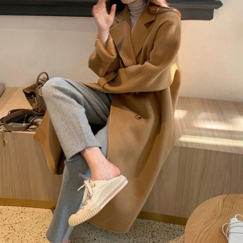 Autumn Winter Women Woolen Coat, Elegant Purple Apricot Mid-Long Jacket, Sweet Lady Chic Style Thermal Outerwear