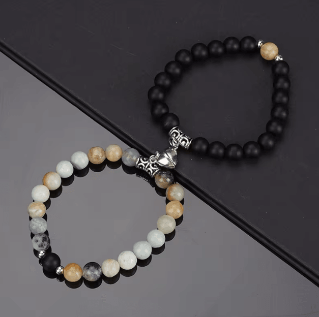 LavaLove 2-Pcs Beaded Couple Bracelets Set – Natural Stone Heart Magnetic Distance Bracelets Gift