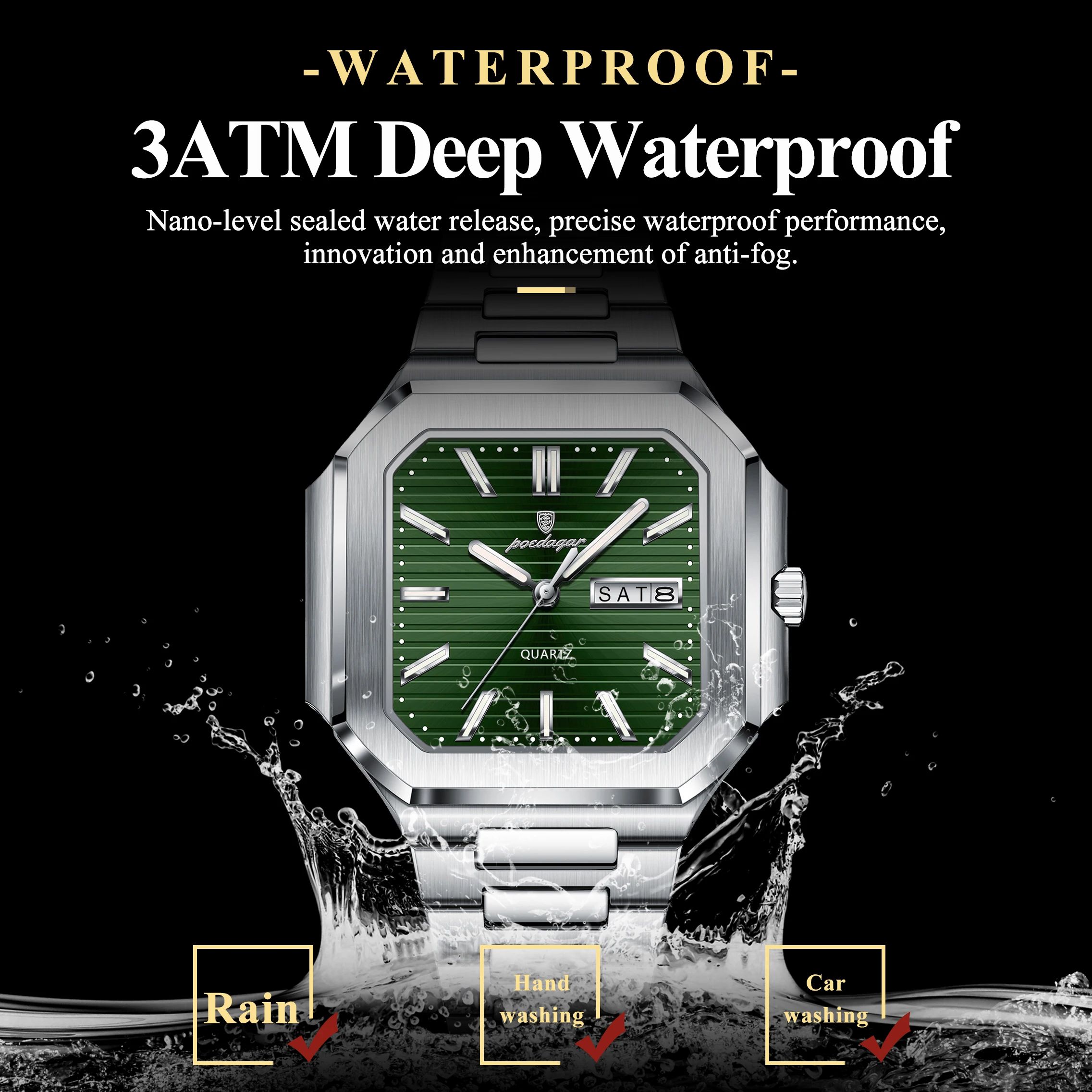 POEDAGAR Luxury Square Waterproof Men's Quartz Watch with Luminous Date & Week