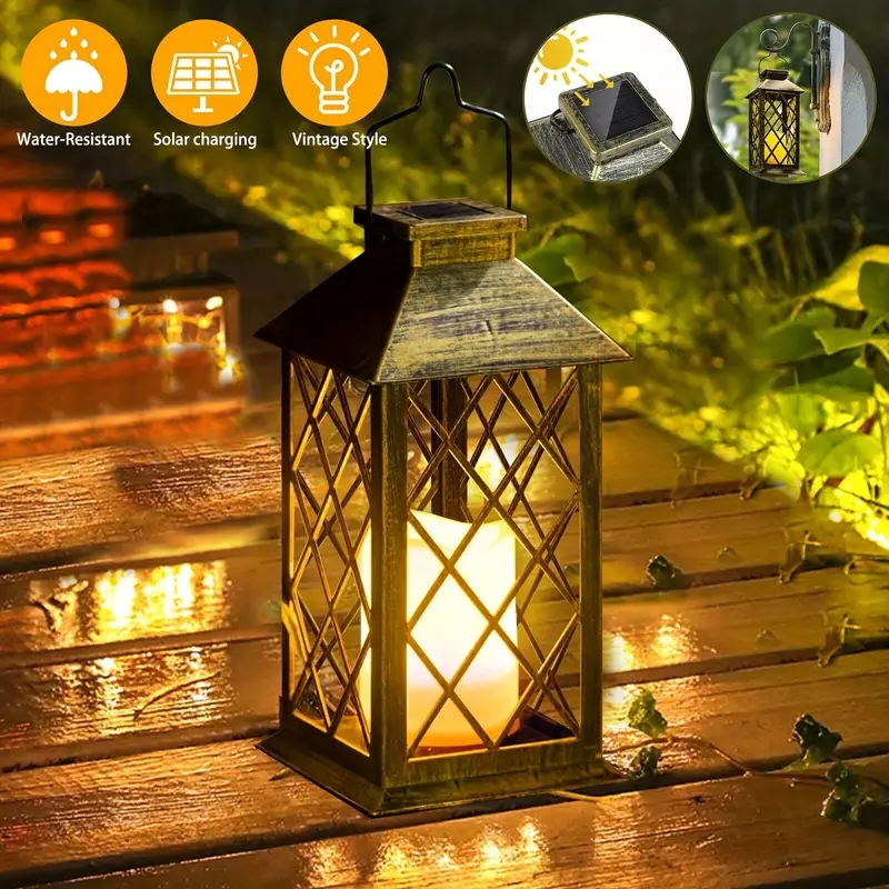 Solar Powered Outdoor Waterproof Courtyard Lights, Hollowed Out Candle Holders, Retro Pendant Lights for Garden, Lawn