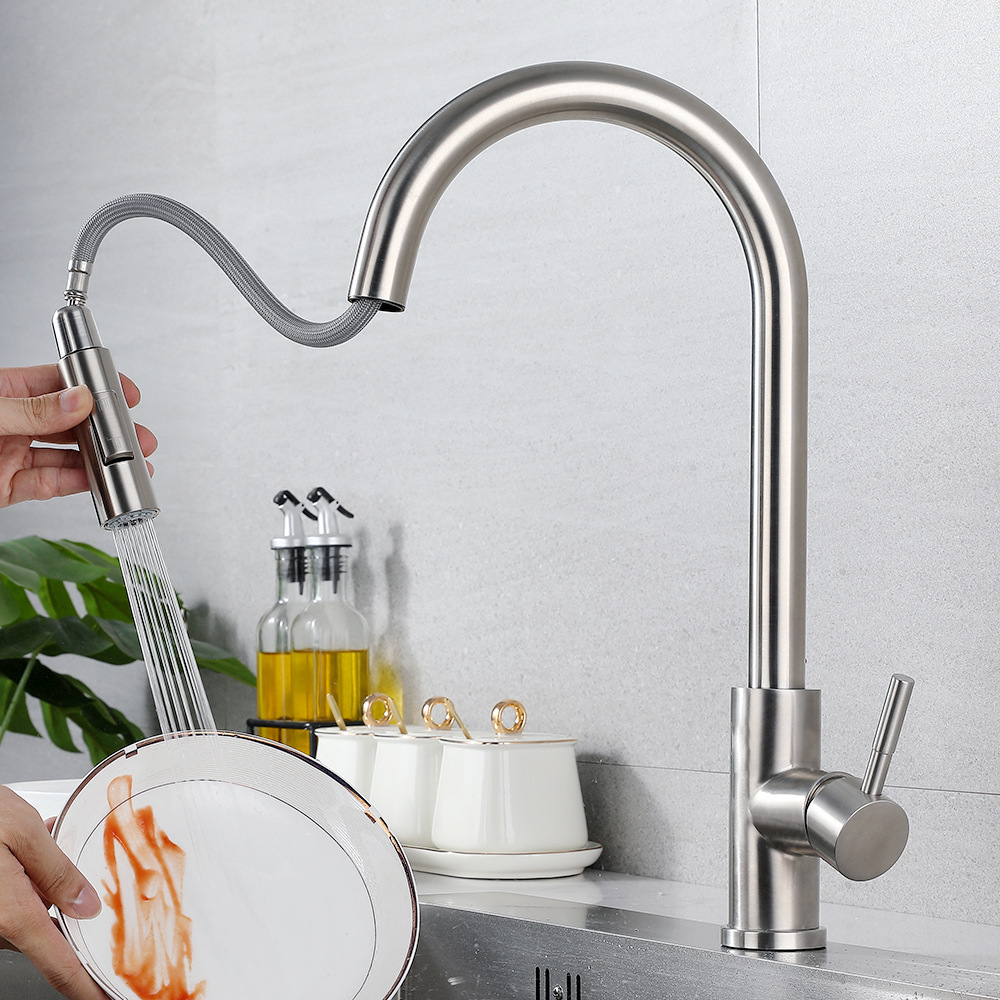 Telescopic Stainless Steel Kitchen Faucet Hot and Cold Pull-out Splash-proof Sink for Household Use Washing Basin Faucet