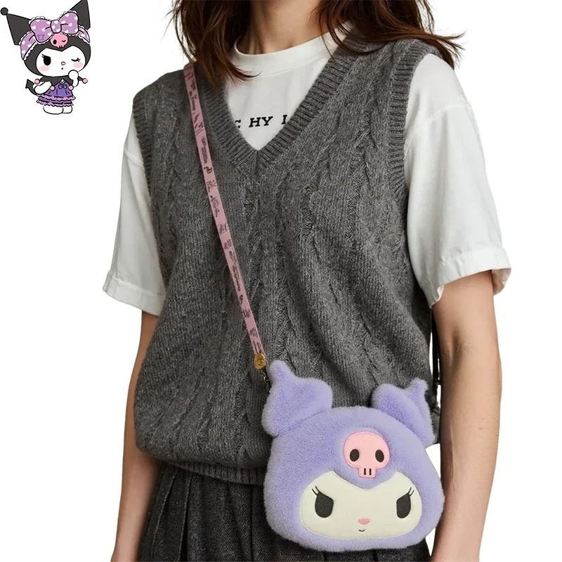 New Sanrio Cartoon Kuromi Skull Plush Shoulder Bag Cute Sweet Girl Heart Handbag Crossbody Bag
