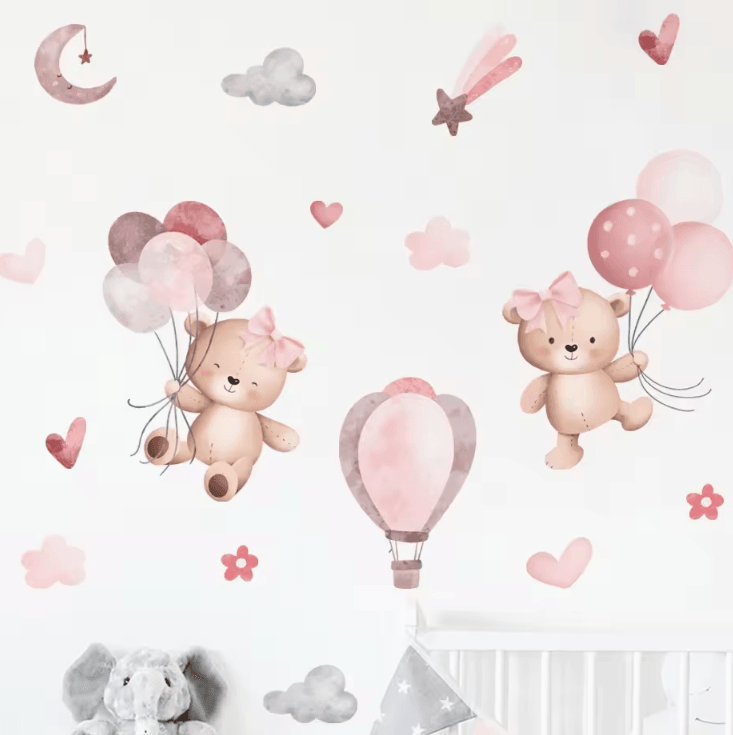 Pink Cartoon Bear Wall Stickers – Cute Nursery Wall Decals for Kids Room & Baby Decor