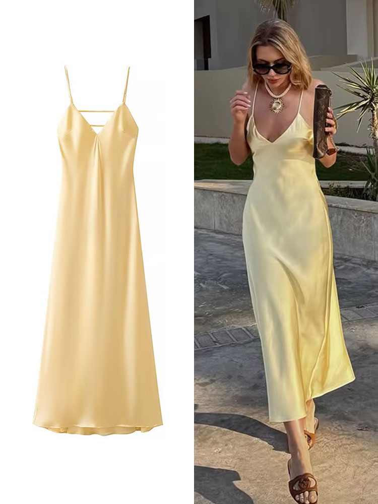 Elegant Women Summer Yellow Stain V Neck Sling Dress Loose Maxi Robes Sleeveless Party Dresses