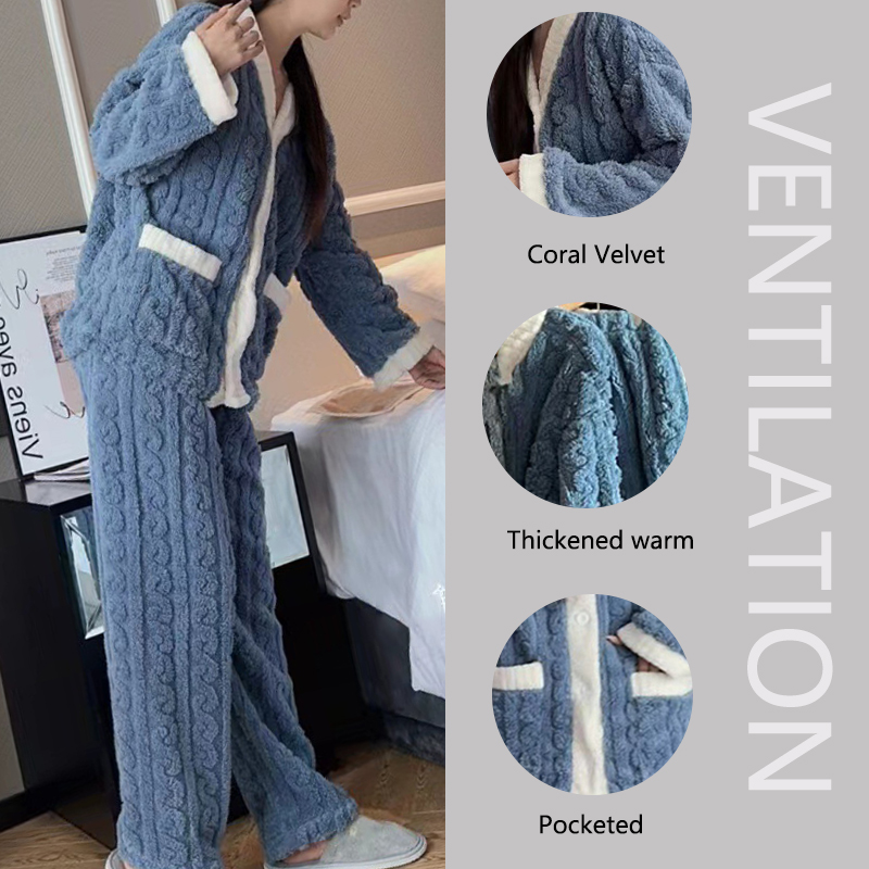 Autumn and Winter Pajamas Women, Thickened Padded Warm Coral Velvet Suit, Cozy Cardigan and Trousers for Girls, Homewear