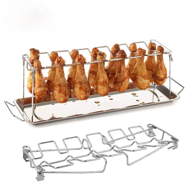 Stainless Steel BBQ Drumstick and Wing Grill Rack with Drip Pan for Oven and Grill Cooking
