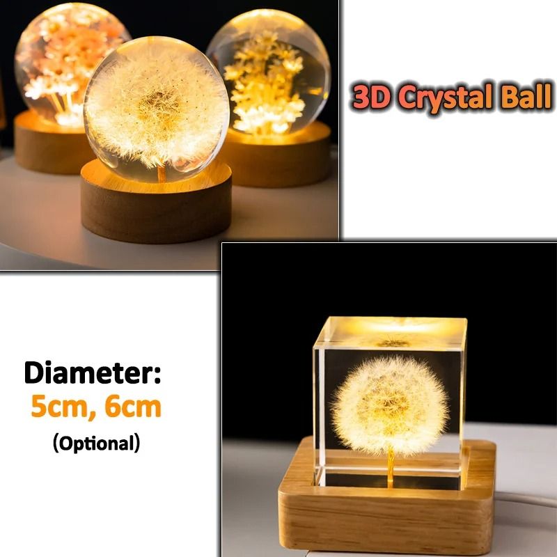 3D Dandelion Crystal Ball with Wood Stand Luminous Flower Sphere