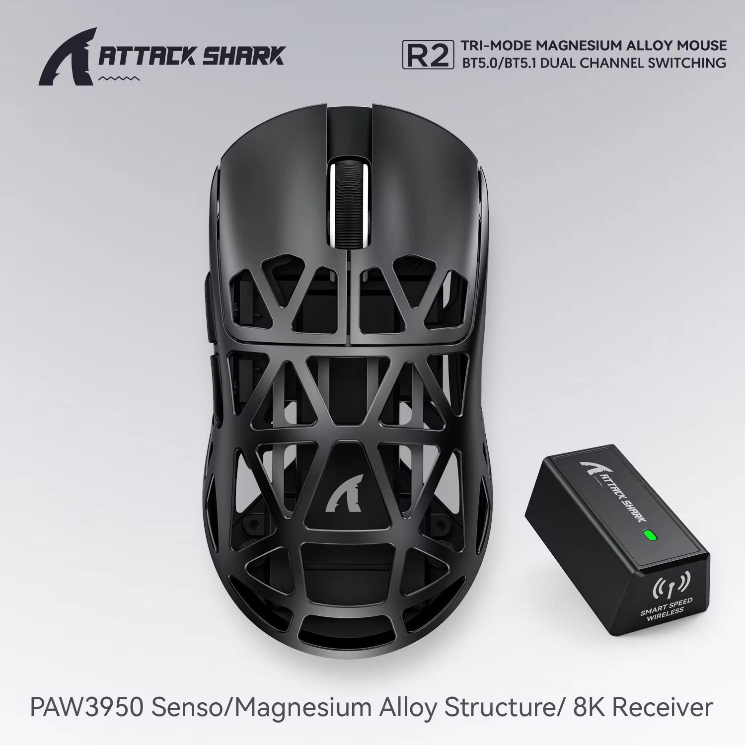 ATTACK SHARK R2 Magnesium Alloy Wireless Gaming Mouse, PAW3950 Sensor, 8K Polling, Tri Mode Bluetooth