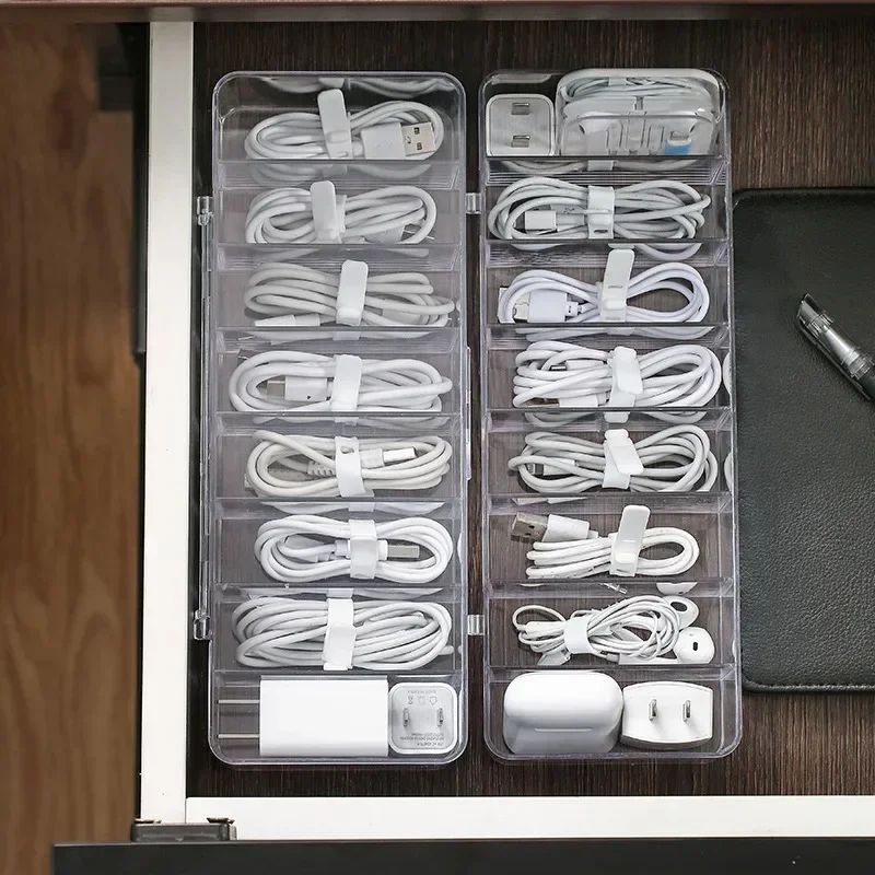 Transparent Divided Grid Cable Organizer Box for Charging Cords & Accessories