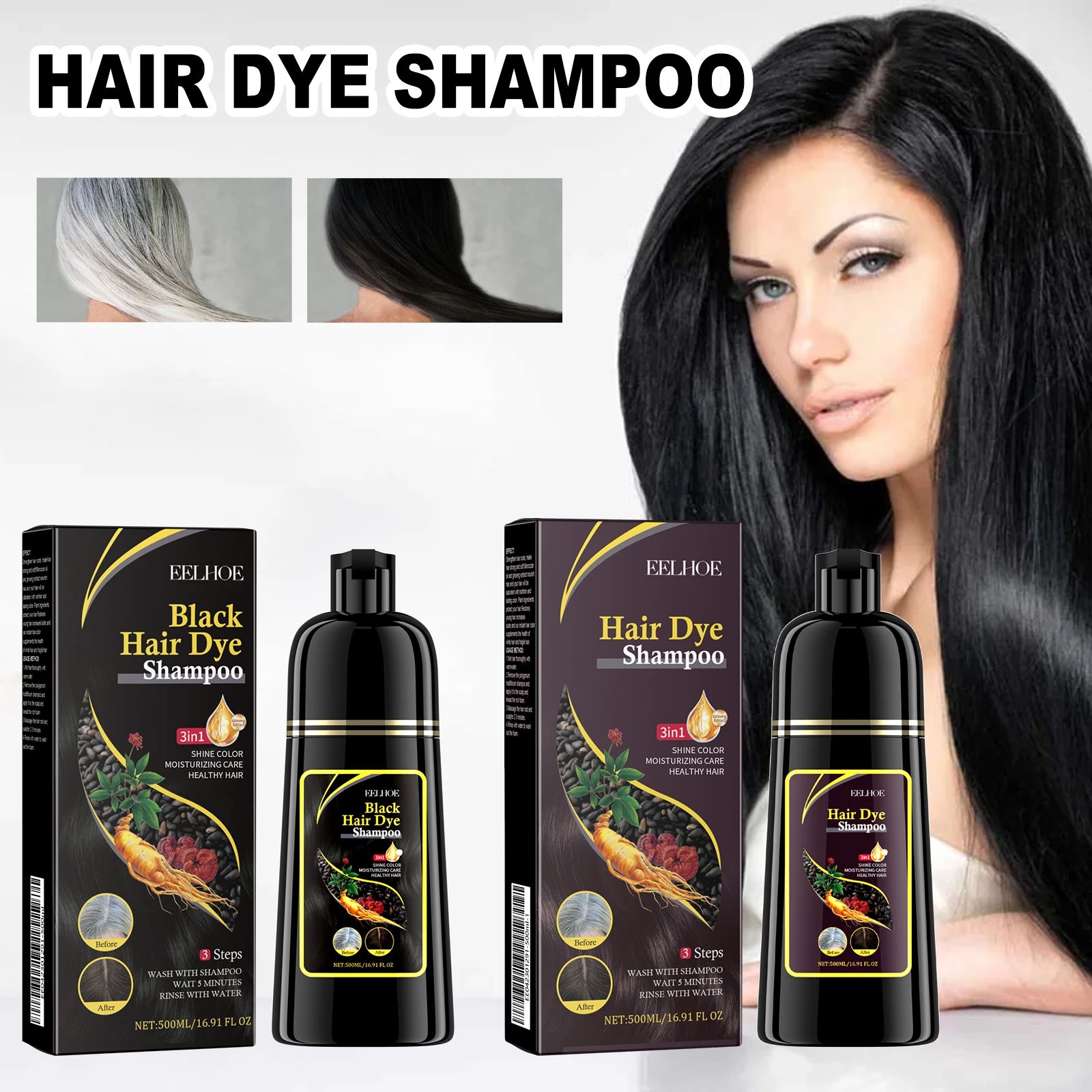 EELHOE 3-in-1 Brown Hair Dye Shampoo for Gray Coverage & Scalp Nourishment
