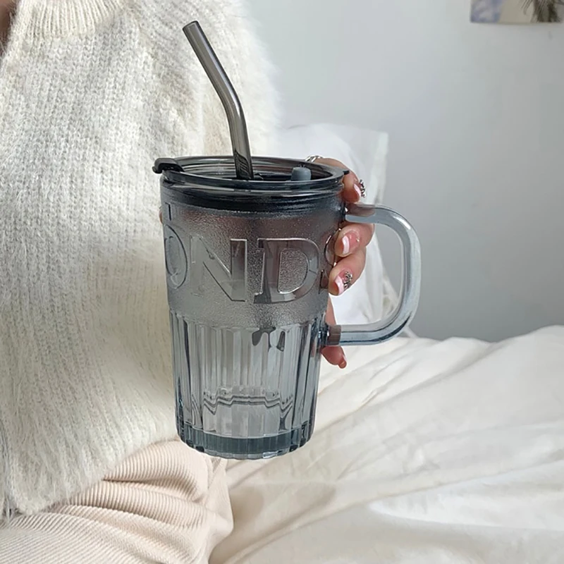 Retro Glass Tumbler with Lid and Straw Reusable Juice and Coffee Cup Transparent Green Glass Mug