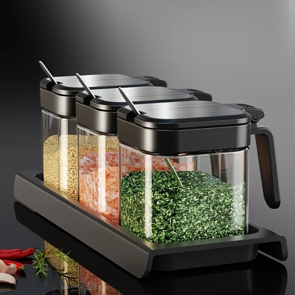 Airtight Borosilicate Glass Spice Jars with Bamboo Spoon, Leakproof Storage for Pantry, Seasoning Rack, Kitchen