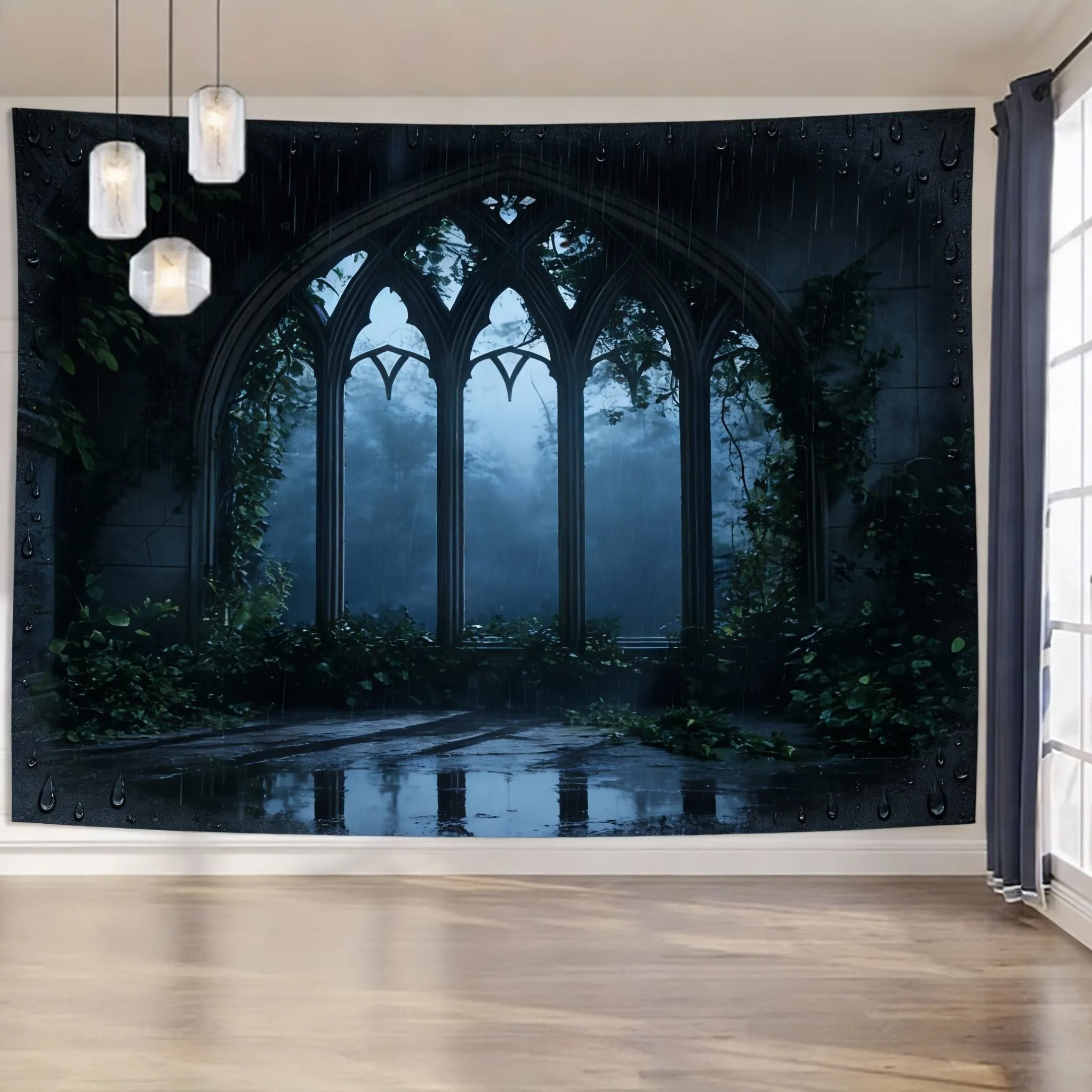 Enchanted Gothic Window Lush Garden Tapestry