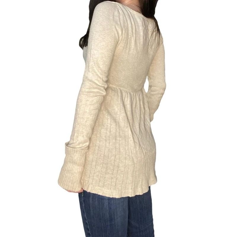 2000s Vintage Long Sleeve Babydoll Knitted Sweater – Cottage Milkmaid Y2K Aesthetic Pullover