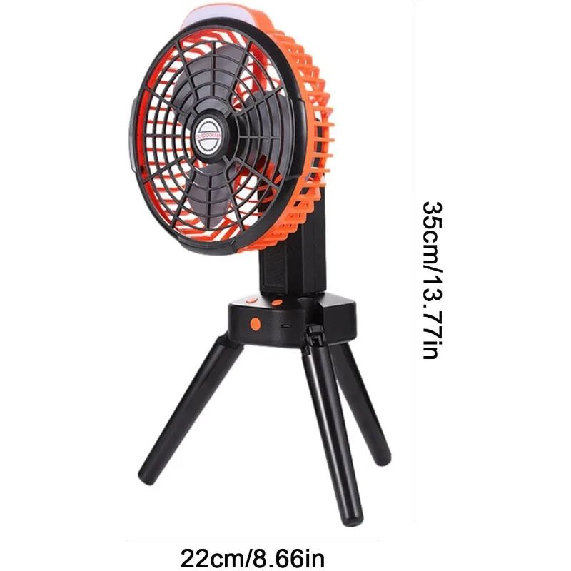 Rechargeable Camping Fan with Foldable Tripod, 270° Auto Rotation & LED Light