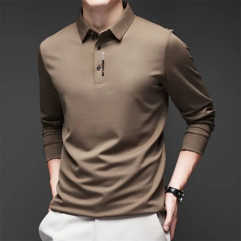 Men's Solid Polo Shirt – Long Sleeve Business Casual Polo with Badge, Anti-Wrinkle Breathable Shirt