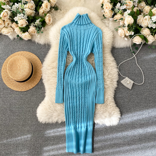Sheath Knitwear Office Dress, Wrap Knitted Long Sleeve, Bodycon Dress Female