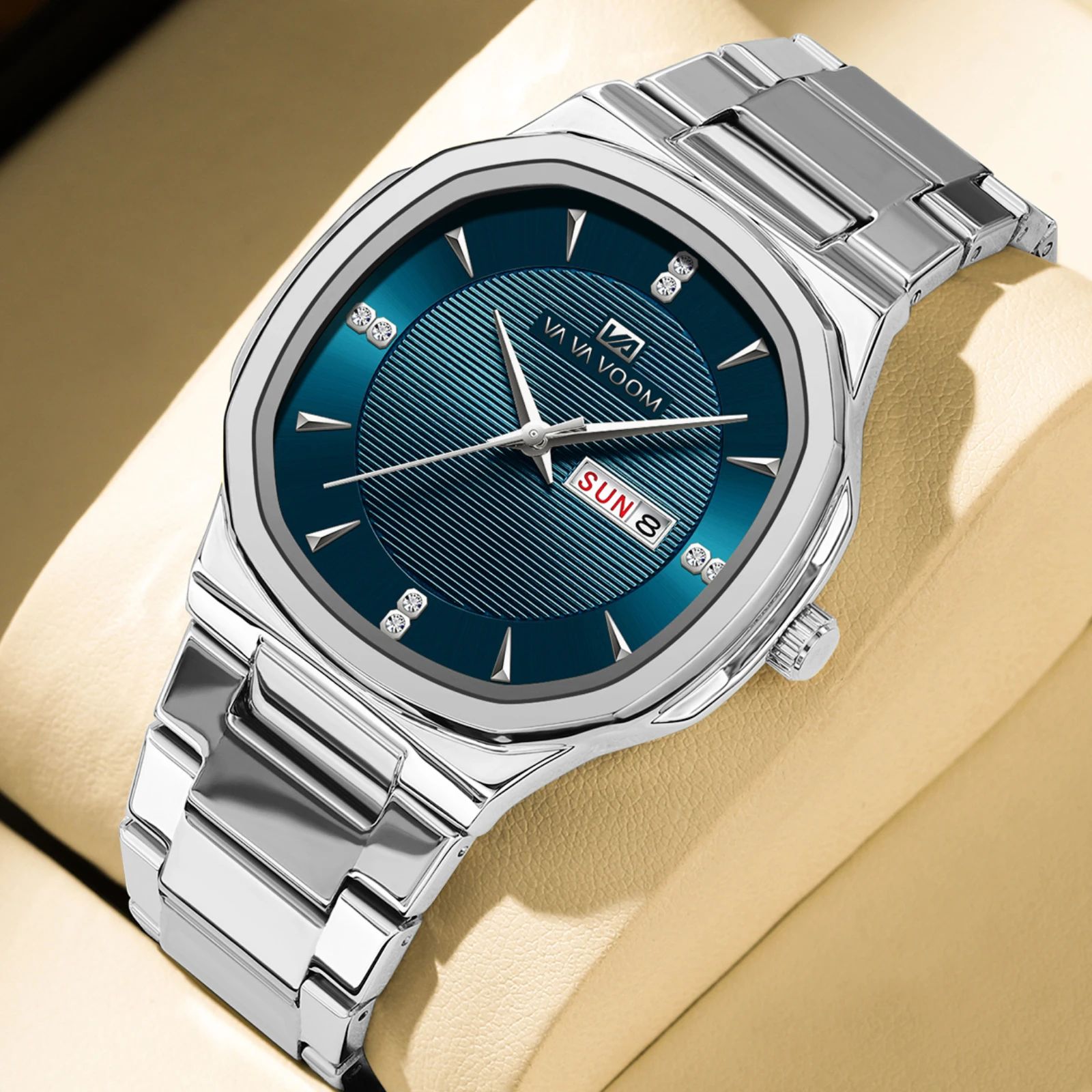 VA VA VOOM Gold Rhinestone Men's Luxury Watch – 41MM Stainless Steel Waterproof Quartz Business Timepiece