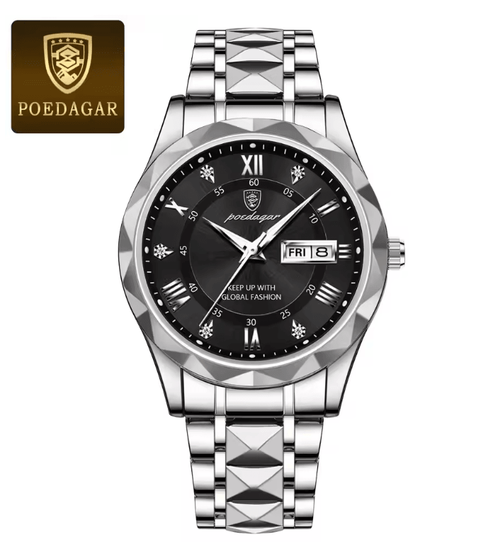PrestigeTime Luxury Stainless Steel Mens Watch with Luminous Dial and Waterproof Design