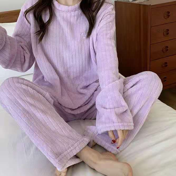 Autumn Women Solid Warm Sets, Thicken Velvet Ribbed Fleece Pullover and Pants, Casual Pajama Sets