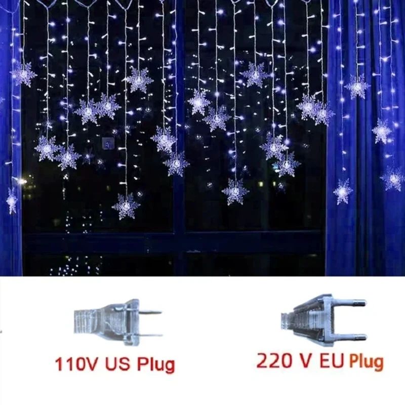 Christmas Snowflake LED Curtain String Lights – Flashing Holiday Fairy Garland