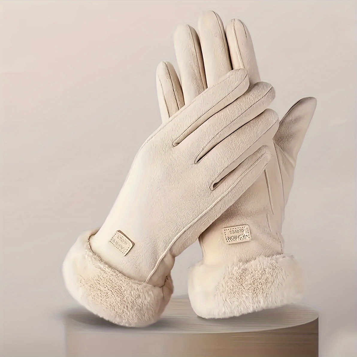 Comfortable beige gloves, plush-lined touchscreen winter gloves, warm thick protection for outdoor leisure