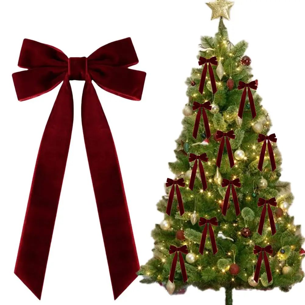 12 Pcs Pink Velvet Christmas Tree Bows – Large Rustic Ribbon Ornaments for Tree, Wreaths and Garland Decor