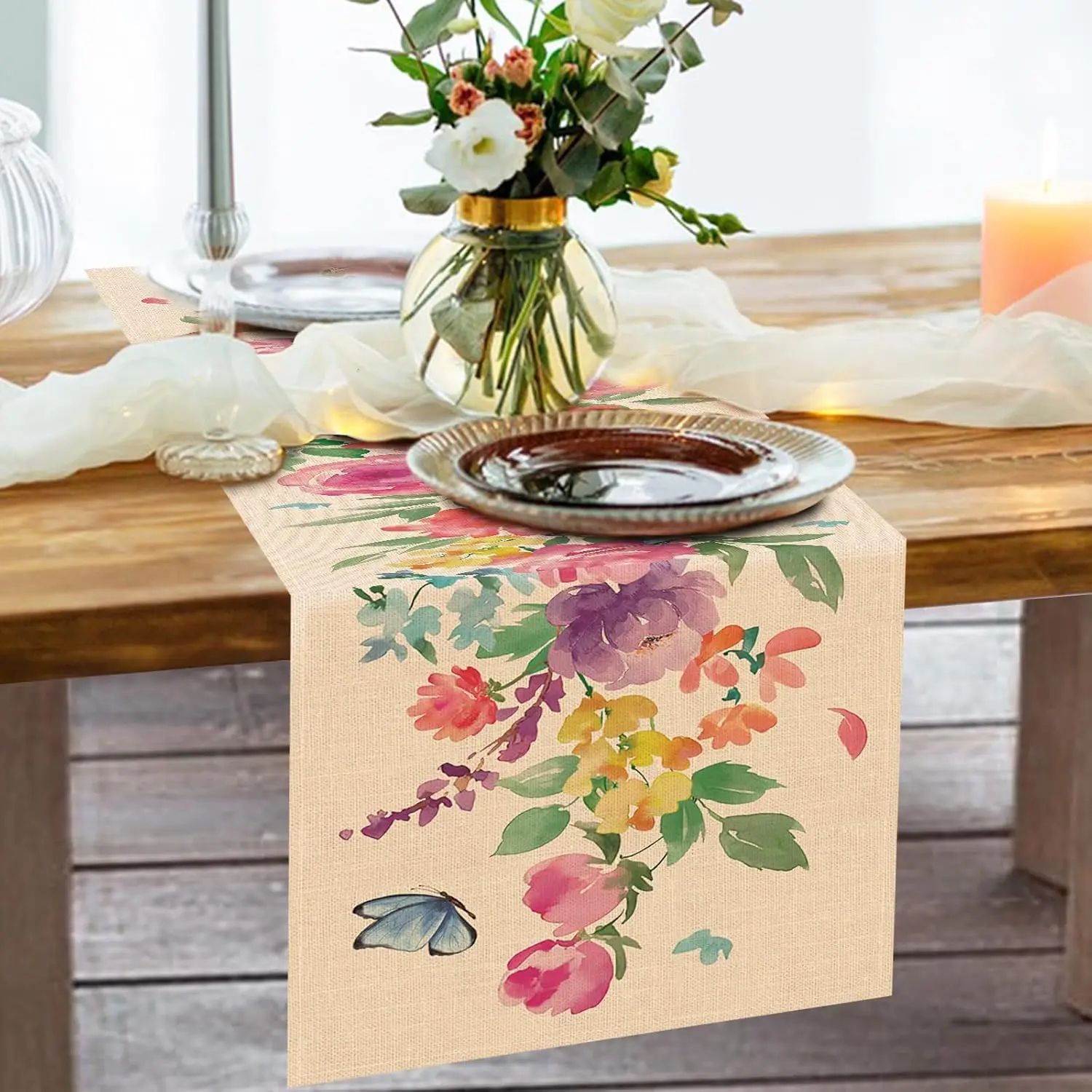 Floral Linen Table Runner – Spring Watercolor Butterfly Table Runner for Dining, Wedding & Party Decor
