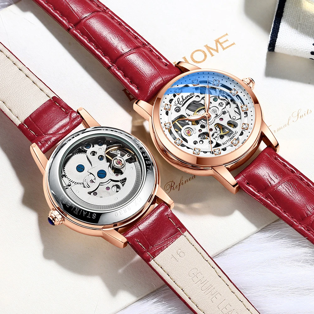 Luxury Women Automatic Mechanical Watch, Waterproof Stainless Steel, Ladies Skeleton Wrist Watch
