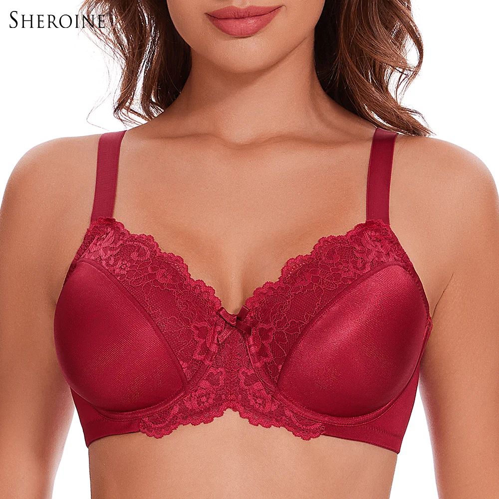 Sheroine Lace Floral Underwire Minimizer Bra – Full Coverage Unlined T-Shirt Support Bra